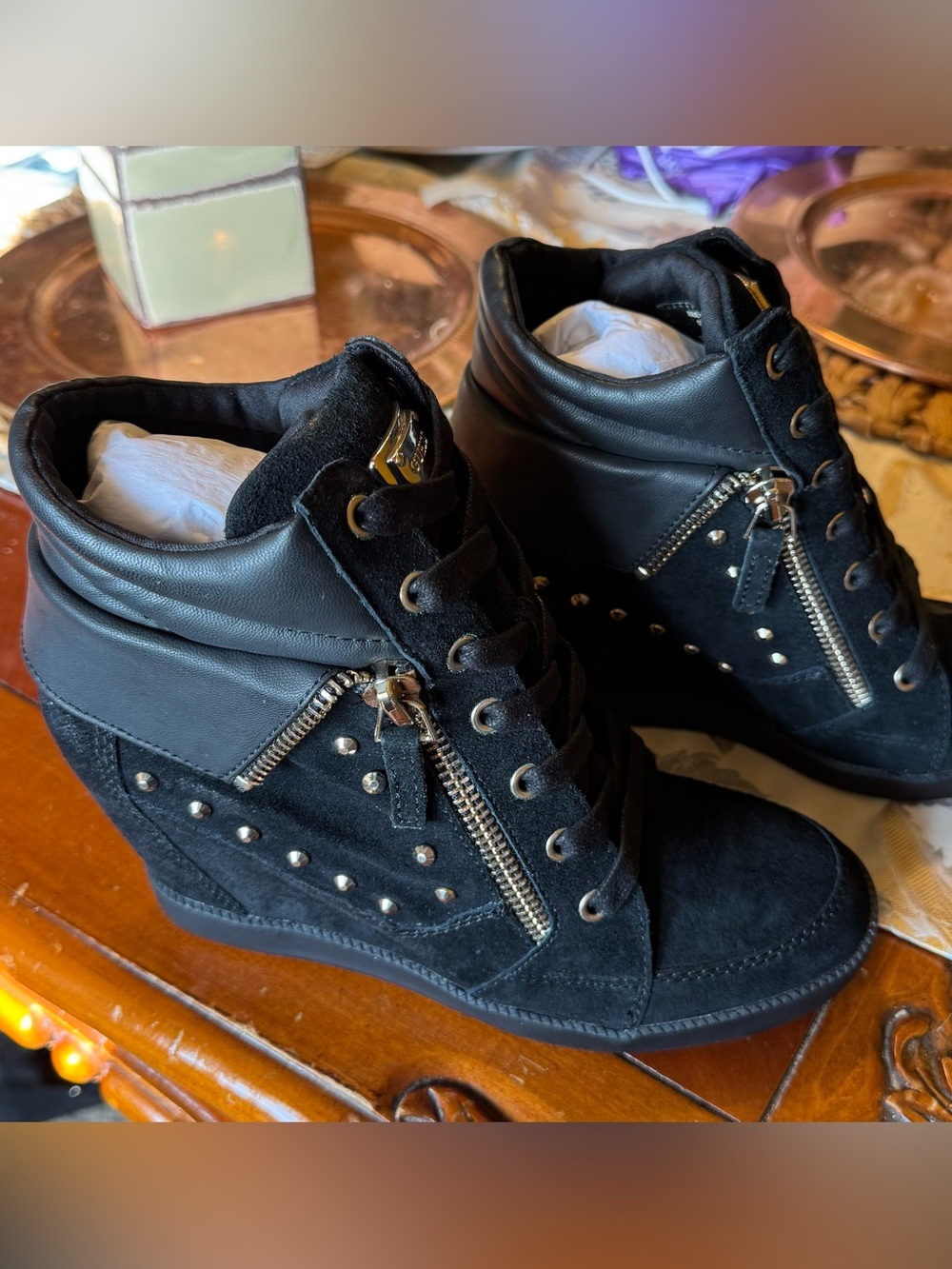Guess Black Wedge Sneaker Boots with Studs and Zippers